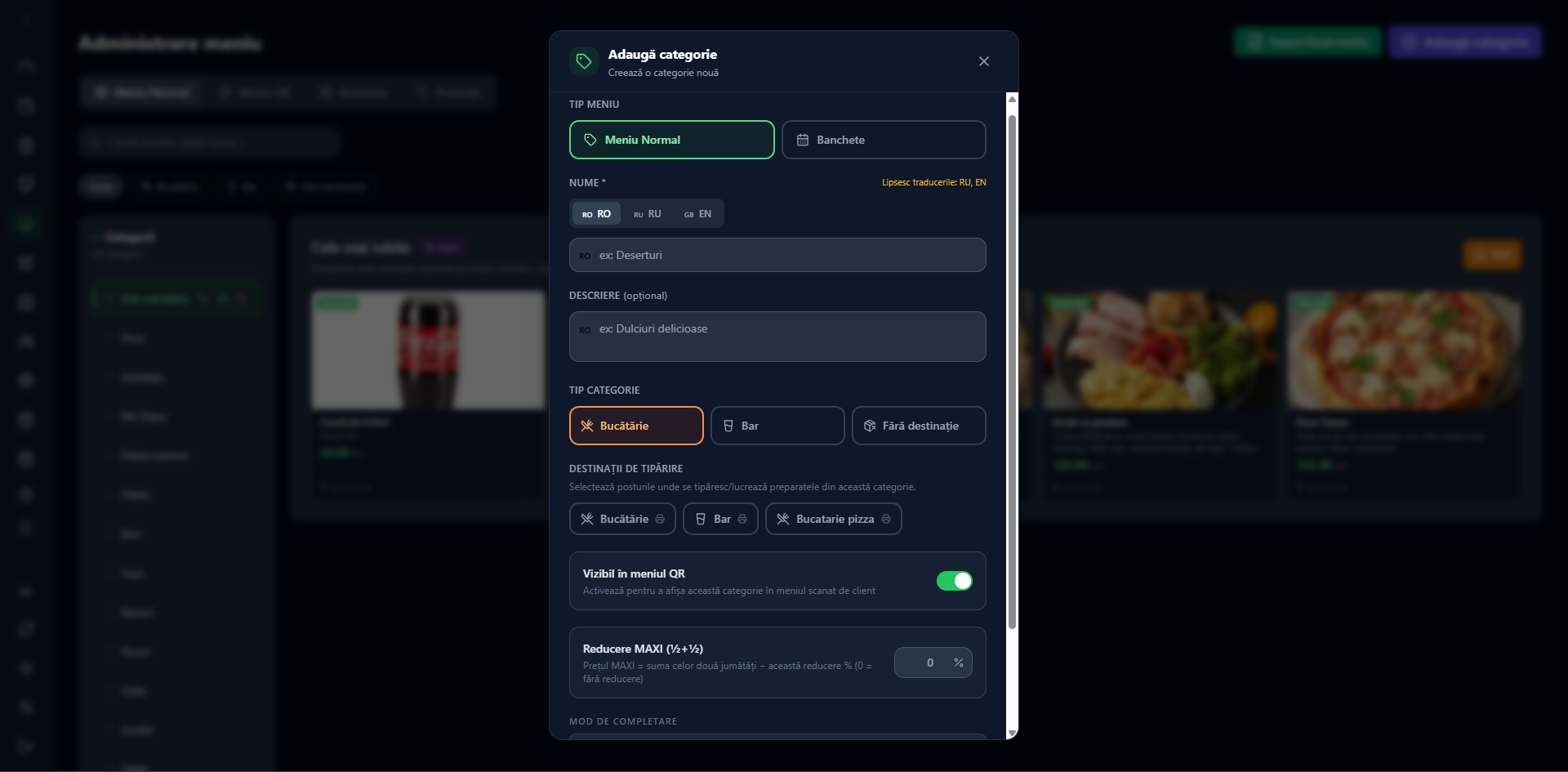 Fereastra Adaugă categorie cu tip meniu, nume multilingv, tip categorie, destinații de tipărire și opțiuni