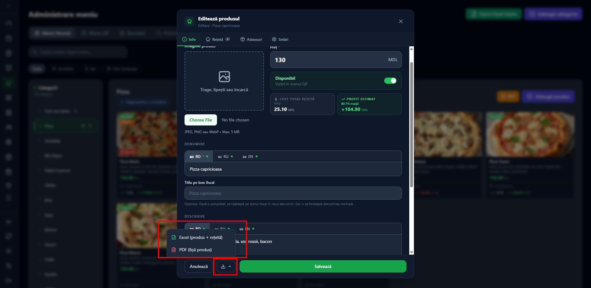 Meniul de export al fișei produsului: Excel produs plus rețetă sau PDF fișă produs
