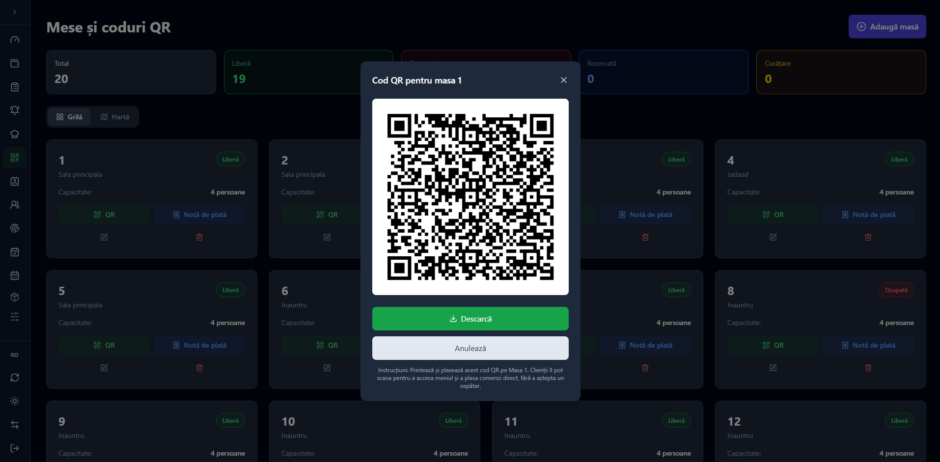 Fereastra cu codul QR al mesei și butonul Descarcă