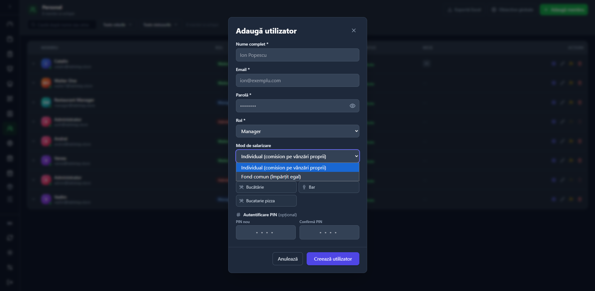 Fereastra Adaugă utilizator cu nume, email, parolă, rol, mod de salarizare și PIN