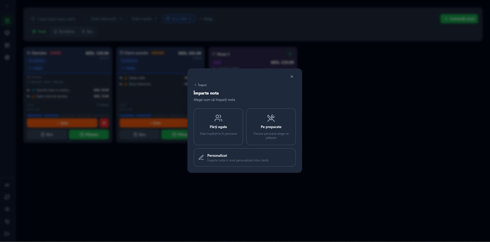 Alegerea modului de împărțire: Părți egale, Pe preparate sau Personalizat