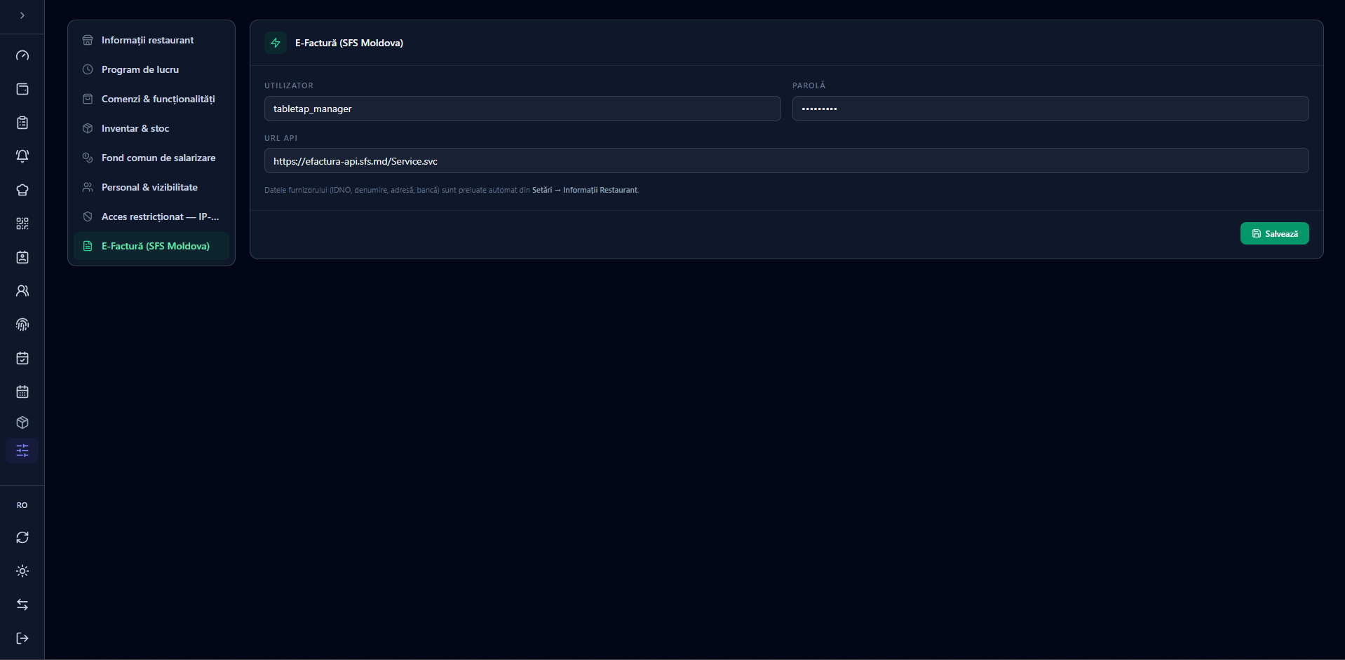 Fila E-Factură cu utilizator, parolă și URL API